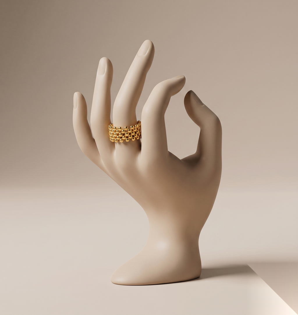 Gilded Bead Mesh Statement Ring